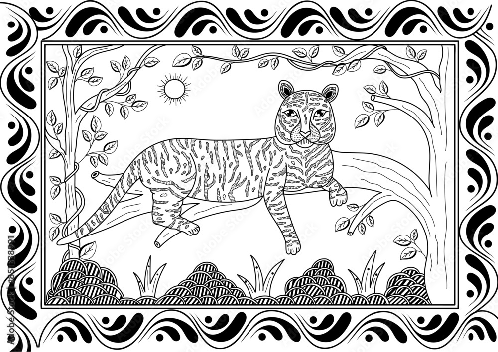 Hand-made Mahbubani Sitting Tiger Vector Line Art Illustration with Pattern Frame and Foliage Background Hand-made Mahbubani Sitting Tiger Vector Line Art Illustration with Pattern Frame and Foliage Background