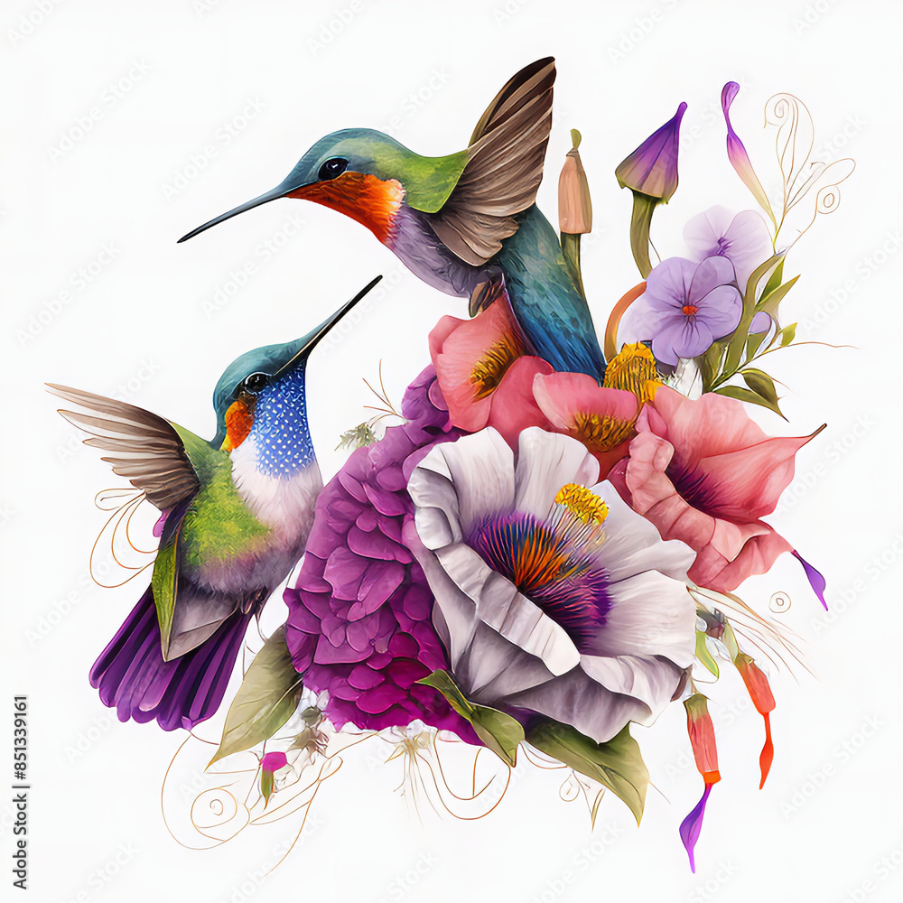 Obraz premium Hummingbird flower in purple-pink floral illustration