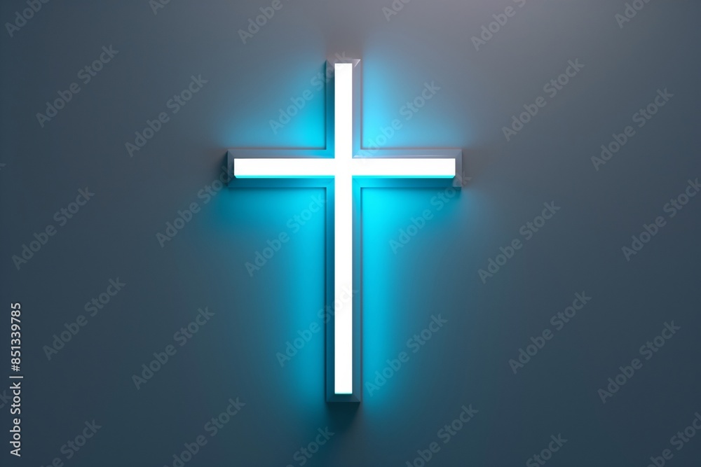 Glowing Sapphire Cross in 3D Render on Gray Background. Glowing Sapphire Cross in 3D Render on Gray Background.