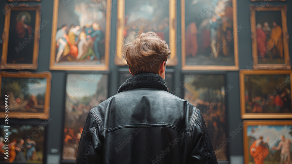 Art Historian Studying Baroque Paintings in an Ornate Gallery Art Historian Studying Baroque Paintings in an Ornate Gallery