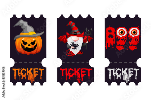 Halloween tickets. Vector templates for Halloween Party. Paper ticket stubs and entrance passes set with devil, Boo,pumpkin and other Haloween symbols