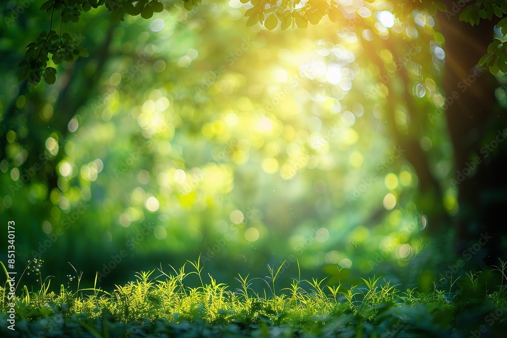 Fototapeta premium Defocused green trees with wild grass in a park or woodland. Generative Ai
