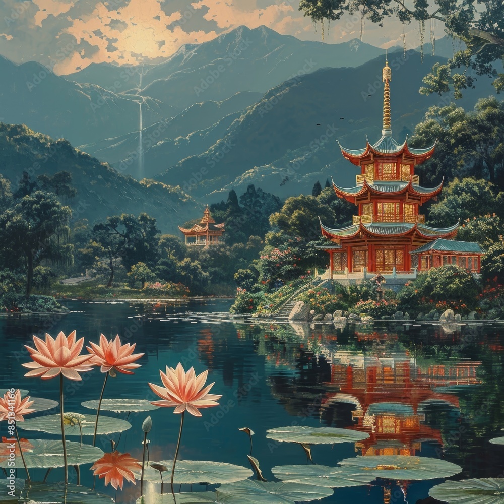 Obraz premium Tranquil Pagodas by the Lake