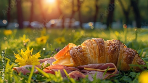 Croissant with Ham and Cheese on Grass photo