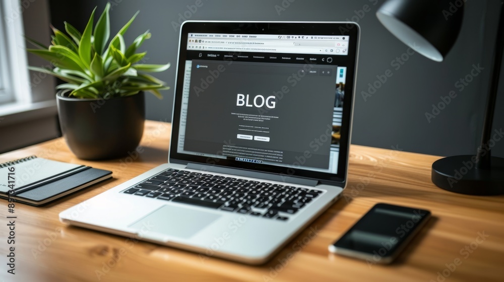 Fototapeta premium The laptop on wooden desk