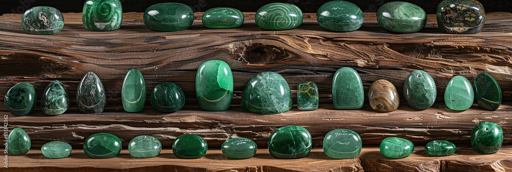 A wooden shelf with many green stones on it A wooden shelf with many green stones on it