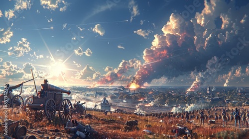 Revolutionary War Drama: Epic Worm's-eye Battle Scene with Soldiers and Cannons