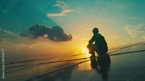 An engineer checks and repairs solar panels on a factory roof in the morning, silhouetted against the sky.