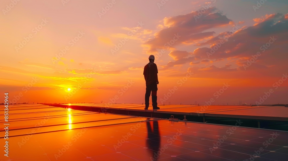 An engineer checks and repairs solar panels on a factory roof in the morning, silhouetted against the sky. An engineer checks and repairs solar panels on a factory roof in the morning, silhouetted against the sky.