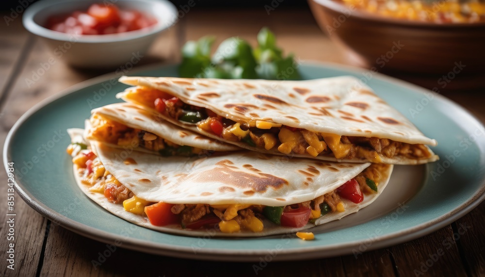 A plate of perfectly grilled quesadillas stuffed with gooey cheese, tender chicken, and vibrant veggies, served with lime wedges and cilantro for a burst of flavor A plate of perfectly grilled quesadillas stuffed with gooey cheese, tender chicken, and vibrant veggies, served with lime wedges and cilantro for a burst of flavor