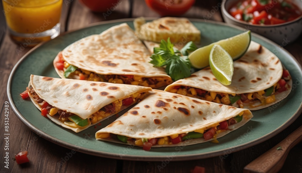 Golden-brown quesadillas filled with melted cheese, chicken, and veggies, served on a white plate with a side of lime and cilantro, perfect for a delicious Mexican meal Golden-brown quesadillas filled with melted cheese, chicken, and veggies, served on a white plate with a side of lime and cilantro, perfect for a delicious Mexican meal