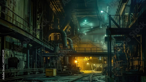Rustic Beauty of an Old Steel Mill: Industrial Factory at Night with Flickering Lights and Molten Metal Glow Casting Eerie Shadows