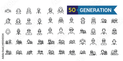 Generation icons set. Outline set of generation vector icons for ui design. Outline icon collection. Editable stroke.