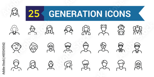 Generation icons set. Outline set of generation vector icons for ui design. Outline icon collection. Editable stroke.