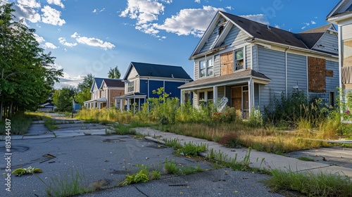 Abandoned Neighborhood with Overgrown Vegetation