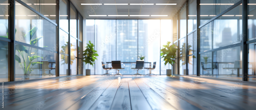 Blurred empty open space office. Abstract light bokeh at office interior background.Generative AI Blurred empty open space office. Abstract light bokeh at office interior background.Generative AI