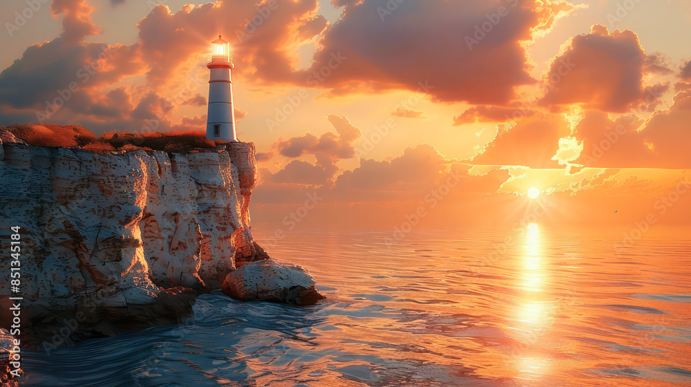 Beautiful lighthouse cliff overlooking ocean while a sunset.Generative AI Beautiful lighthouse cliff overlooking ocean while a sunset.Generative AI