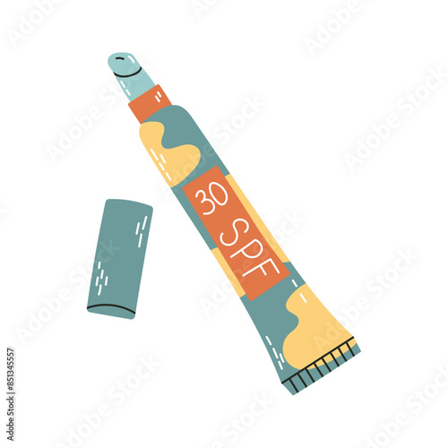 Lip treatment with sun protection. Sunscreen for lips. Balm, lipstick, shine, butterstick. Packaging, bottle, tube. Vector illustration isolated on white background in hand drawn style