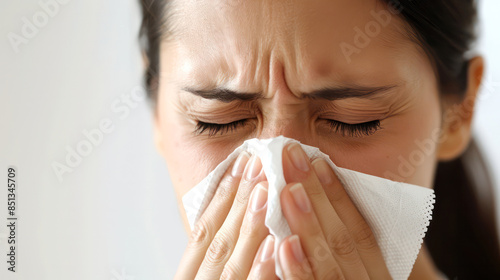 Sick young woman sitting indoors holding tissue handkerchief blowing running nose feels unwell unhealthy.Generative AI