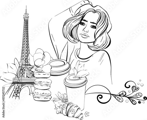 Vector border with Parisian woman and Eiffel Tower, Paper cup of coffee, french baguette and croissant Bakery, street food. Black silhouette for circuit. Romantic travel to France