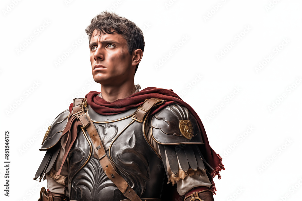 Fototapeta premium Ancient Roman soldier on a white background. Topics related to ancient Rome. Combat in ancient Rome. Historical reconstitution. Eternal Rome. Ancient Rome video games. Isolated image. 