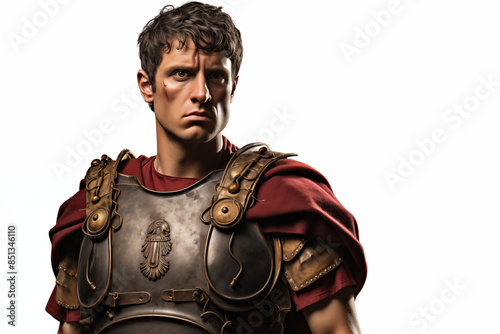Ancient Roman soldier on a white background. Topics related to ancient Rome. Combat in ancient Rome. Historical reconstitution. Eternal Rome. Ancient Rome video games. Isolated image. 