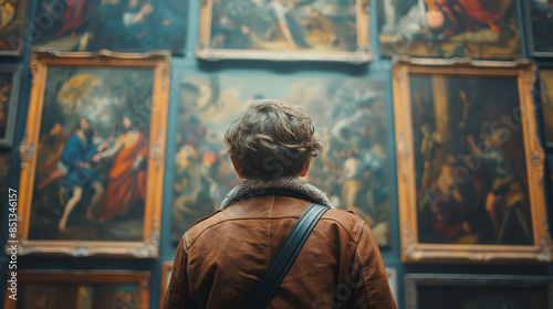 Art Historian Studying Baroque Paintings in an Ornate Gallery