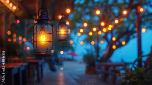 bokeh Lights in summer beach cafe. 