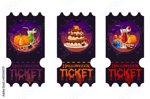 Funny Halloween tickets. Vector templates for Halloween party. Paper ticket stubs and entrance passes with cake, cocktail, pumpkin, and other Halloween symbols