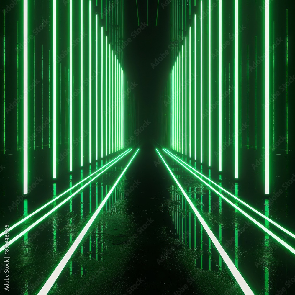 3D rendering of glowing green light rays on a black background
