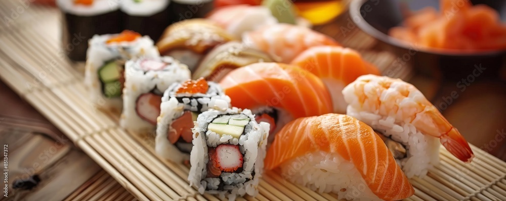 A beautifully arranged sushi platter with freshly made rolls and nigiri, on a bamboo mat, elegant presentation A beautifully arranged sushi platter with freshly made rolls and nigiri, on a bamboo mat, elegant presentation
