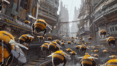 Bees in flight amidst a futuristic city with high-rise buildings and intricate architecture