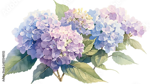 Beautiful watercolor illustration of pastel hydrangea flowers with green leaves, perfect for nature-themed decor and botanical art enthusiasts.transparent, background