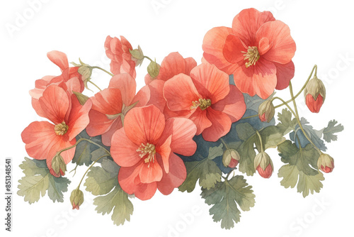 Beautiful watercolor illustration of red hibiscus flowers with green leaves, perfect for nature-themed designs or botanical artwork.transparent, background