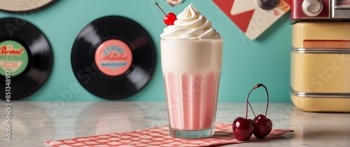 Retro milkshake with whipped cream and cherry garnish on pink checkered napkin, vinyl records, and vintage decor evoke a nostalgic 1950s diner vibe.
