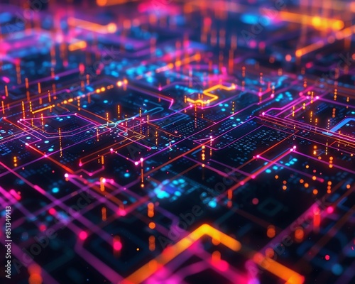 Vibrant and dynamic tech grid with bright neon highlights, perfect for modern digital backgrounds and futuristic concepts