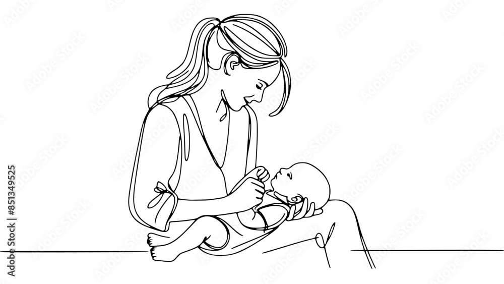mom and baby continuous line  isolated white background