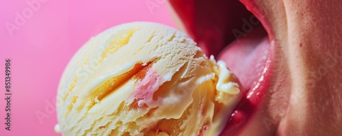 Close-up of a human tongue tasting a vibrant scoop of ice cream, showing texture and flavor, on a bright background photo