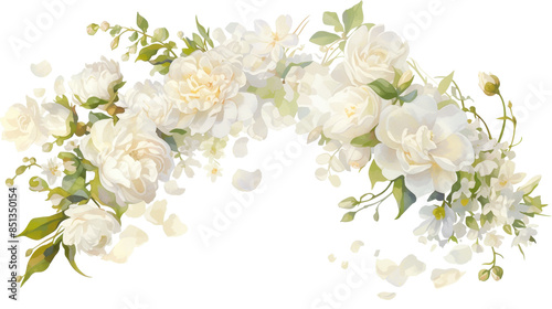 Elegant white floral arrangement with roses and hydrangeas, perfect for weddings, invitations, or home decor. High-quality image. 
transparent background
