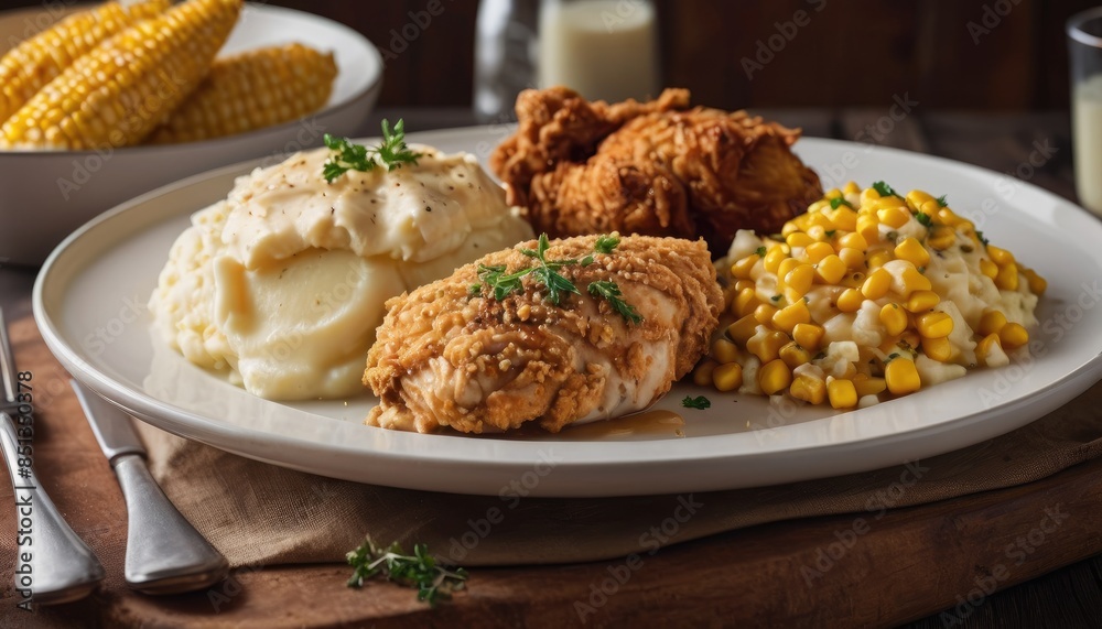 Savor the taste of southern comfort with golden fried chicken, smooth mashed potatoes, and sweet buttered corn, all perfectly seasoned Savor the taste of southern comfort with golden fried chicken, smooth mashed potatoes, and sweet buttered corn, all perfectly seasoned
