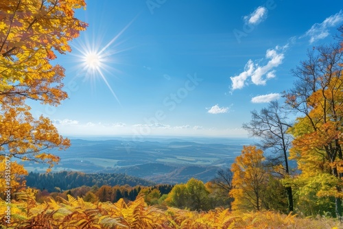 Sunny autumn landscape  charming rural idyll panorama in the warm glow of a bright, sunny day photo