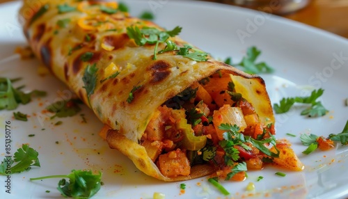 Close-up of a rolled roti with a filling of spiced vegetables, served on a white plate, garnished with fresh herbs