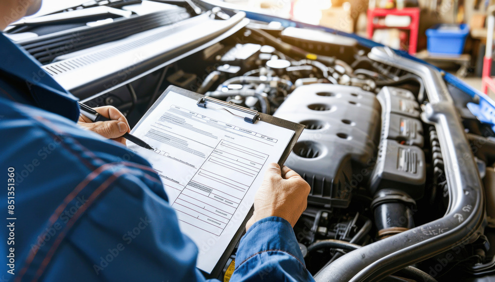 Obraz premium A mechanic examines the engine of a car, inspecting it closely and taking notes on a clipboard