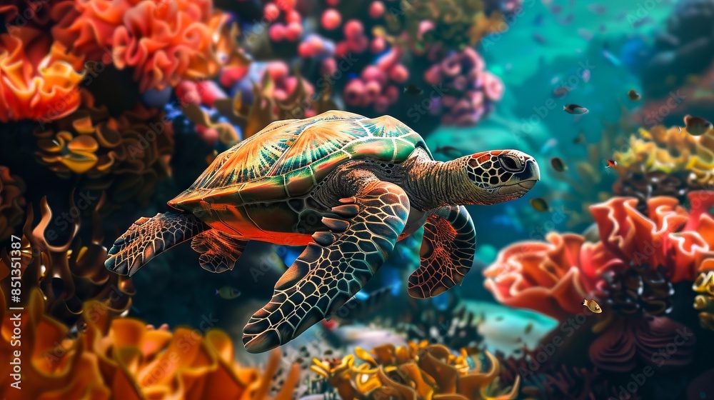 A turtle swimming in the ocean with corals.