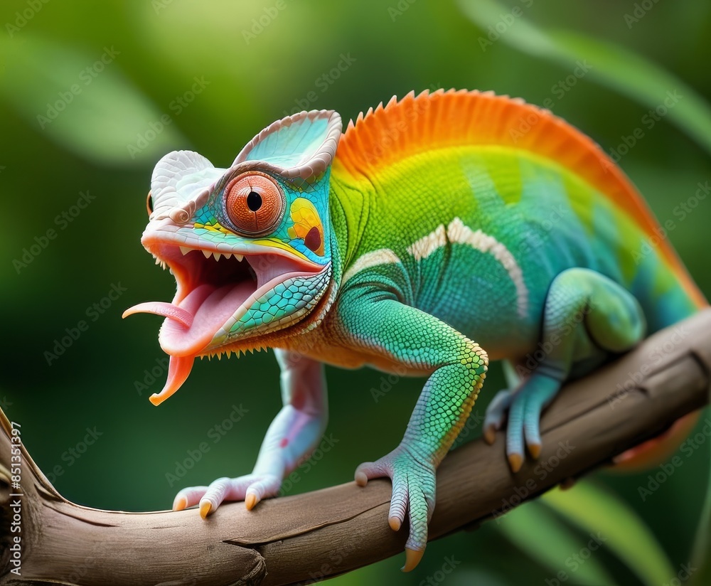 A colorful chameleon with its mouth open sits on a branch, showcasing its vivid scales and dynamic pose. This image highlights the chameleon's unique ability to blend with its surroundings.. AI A colorful chameleon with its mouth open sits on a branch, showcasing its vivid scales and dynamic pose. This image highlights the chameleon's unique ability to blend with its surroundings.. AI