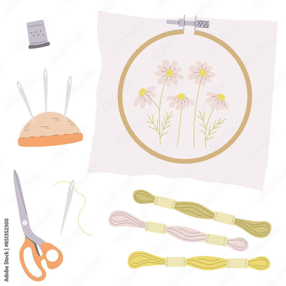 Embroidery hoop, skeins of floss thread, handmade on canvas in a ring, craft art, creative activity, handmade craft concept, embroidery thread kit Embroidery hoop, skeins of floss thread, handmade on canvas in a ring, craft art, creative activity, handmade craft concept, embroidery thread kit
