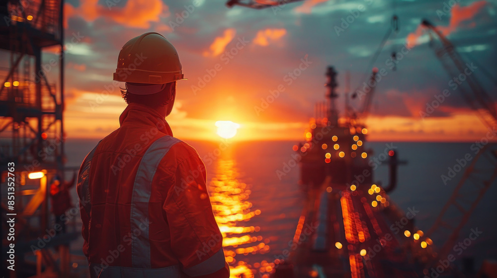 A construction engineer working on oil rig at sunset. A construction engineer working on oil rig at sunset.