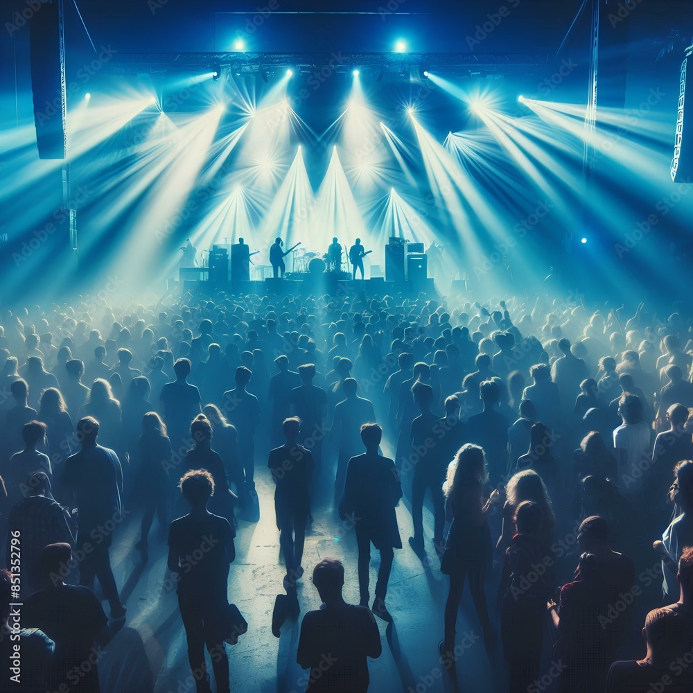 Obraz premium A crowded concert hall with scene stage lights in blue tones, rock show performance.
