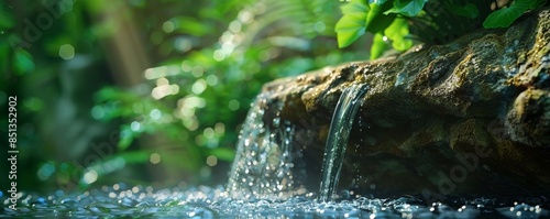 Close-up of fresh spring water flowing from a natural rock formation, surrounded by lush greenery