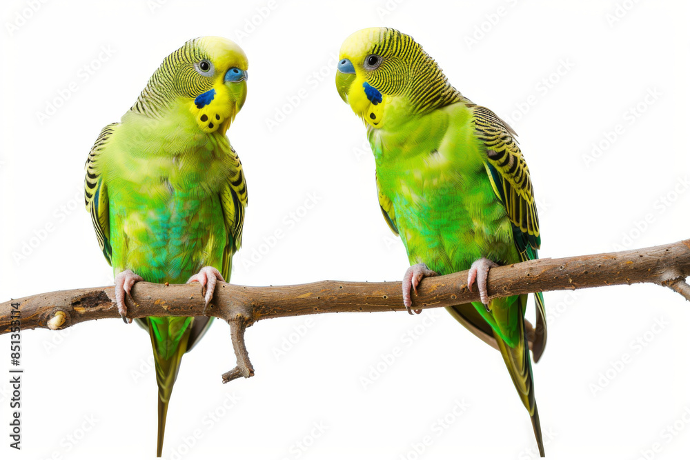 Obraz premium two green parakeets on a branch isolated on white background